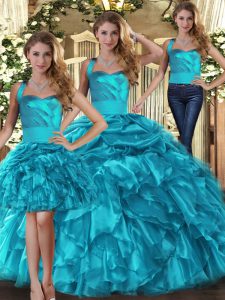 Teal Organza Lace Up Halter Top Sleeveless Floor Length Vestidos de Quinceanera Ruffles and Pick Ups