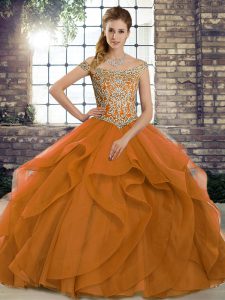 Lace Up Quince Ball Gowns Orange for Military Ball and Sweet 16 and Quinceanera with Beading and Ruffles Brush Train