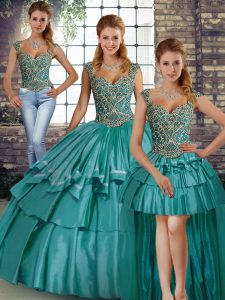 Teal Straps Lace Up Beading and Ruffled Layers Quinceanera Dresses Sleeveless