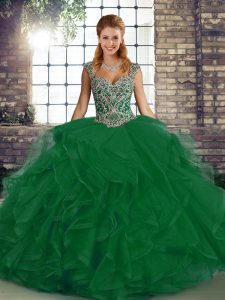 Lovely Floor Length Green Sweet 16 Dress Straps Sleeveless Lace Up