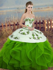 Tulle Sleeveless Floor Length 15th Birthday Dress and Embroidery and Ruffles and Bowknot