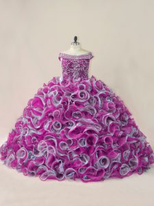 Great Multi-color Organza Lace Up Off The Shoulder Sleeveless 15th Birthday Dress Brush Train Beading and Ruffles