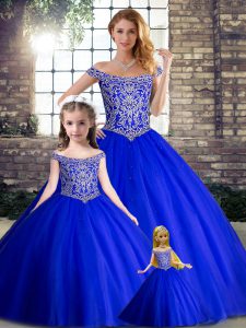 Luxury Royal Blue Off The Shoulder Lace Up Beading Quinceanera Dress Brush Train Sleeveless