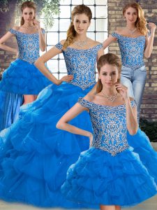 Admirable Blue Ball Gowns Off The Shoulder Sleeveless Tulle Brush Train Lace Up Beading and Pick Ups Sweet 16 Quinceanera Dress