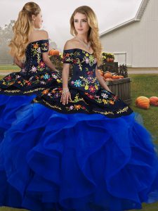 Blue And Black Tulle Lace Up Off The Shoulder Sleeveless Floor Length Quince Ball Gowns Embroidery and Ruffles