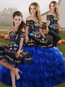 Floor Length Lace Up 15th Birthday Dress Blue And Black for Military Ball and Sweet 16 and Quinceanera with Embroidery and Ruffled Layers