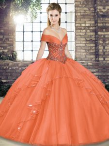 Simple Off The Shoulder Sleeveless Ball Gown Prom Dress Floor Length Beading and Ruffles Orange Red Tulle