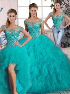 Elegant Aqua Blue Three Pieces Off The Shoulder Sleeveless Tulle Brush Train Lace Up Beading and Ruffles 15th Birthday Dress