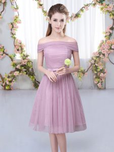 Customized Knee Length Empire Short Sleeves Pink Damas Dress Lace Up