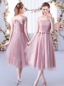 Tulle Off The Shoulder Sleeveless Lace Up Belt Vestidos de Damas in Pink