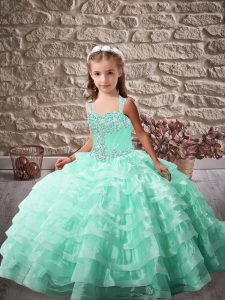 Apple Green Lace Up Straps Beading and Ruffled Layers Little Girls Pageant Gowns Organza Sleeveless Brush Train