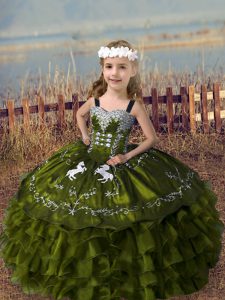 New Style Olive Green Sleeveless Embroidery and Ruffled Layers Floor Length High School Pageant Dress