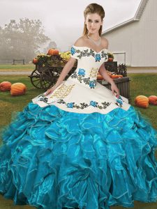 Blue And White Ball Gowns Organza Off The Shoulder Sleeveless Embroidery and Ruffles Floor Length Lace Up Sweet 16 Dress