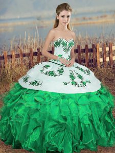 Stunning Green Ball Gowns Embroidery and Ruffles and Bowknot Sweet 16 Quinceanera Dress Lace Up Organza Sleeveless Floor Length