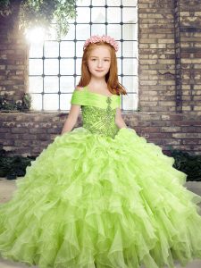 Yellow Green Lace Up Little Girl Pageant Dress Beading Sleeveless Floor Length