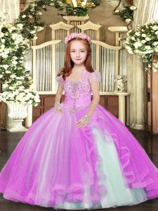 Straps Sleeveless Little Girls Pageant Gowns Floor Length Beading Lilac Tulle