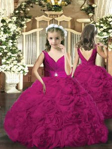 Great Floor Length Fuchsia Child Pageant Dress Fabric With Rolling Flowers Sleeveless Beading