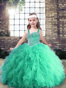 Eye-catching Floor Length Ball Gowns Sleeveless Turquoise Little Girl Pageant Gowns Lace Up