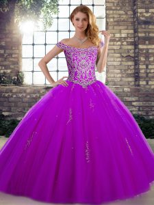 Purple Sleeveless Beading Floor Length Quince Ball Gowns