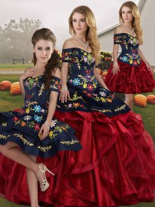 Red And Black Sleeveless Embroidery and Ruffles Floor Length Sweet 16 Dress