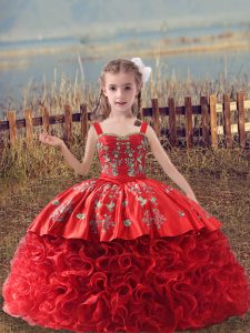 High Class Red Little Girls Pageant Gowns Wedding Party with Embroidery Straps Sleeveless Sweep Train Lace Up