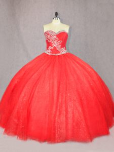 Floor Length Red 15 Quinceanera Dress Tulle Sleeveless Beading