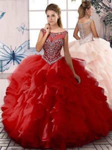Red Ball Gowns Scoop Sleeveless Organza Floor Length Zipper Beading and Ruffles Vestidos de Quinceanera