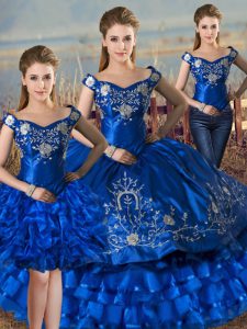 Sleeveless Satin and Organza Floor Length Lace Up Sweet 16 Dresses in Royal Blue with Embroidery and Ruffled Layers