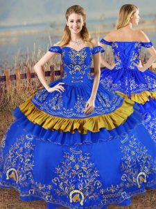 Charming Satin Off The Shoulder Sleeveless Lace Up Embroidery Quinceanera Dress in Blue