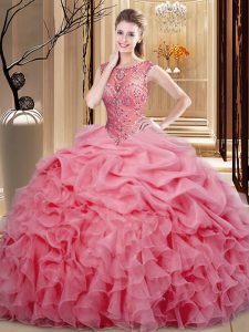 Noble Pink Ball Gowns Scoop Sleeveless Organza Floor Length Lace Up Beading and Ruffles and Pick Ups 15th Birthday Dress