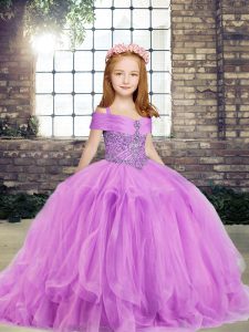Floor Length Lilac Little Girl Pageant Gowns Straps Sleeveless Side Zipper
