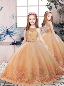 Scoop Sleeveless Custom Made Pageant Dress Floor Length Lace and Appliques Gold Tulle
