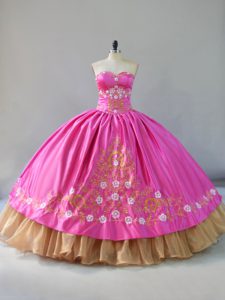 Floor Length Lace Up Quinceanera Gowns Rose Pink for Sweet 16 and Quinceanera with Embroidery