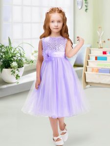 Sleeveless Tea Length Sequins and Hand Made Flower Zipper Pageant Dress with Lavender