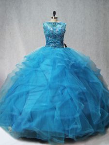 Aqua Blue Lace Up Scoop Beading and Ruffles Sweet 16 Dress Tulle Sleeveless Brush Train