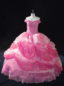 Smart Rose Pink Ball Gowns Beading and Sequins Quince Ball Gowns Lace Up Organza Sleeveless Floor Length