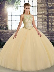 Popular Gold Sleeveless Floor Length Embroidery Lace Up Quinceanera Dress
