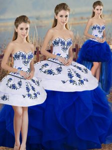 Wonderful Royal Blue Ball Gowns Sweetheart Sleeveless Tulle Floor Length Lace Up Embroidery and Ruffles and Bowknot 15 Quinceanera Dress