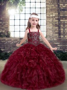 Stylish Burgundy Sleeveless Floor Length Beading and Ruffles Lace Up Kids Formal Wear