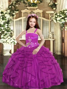 Cheap Floor Length Lace Up Little Girls Pageant Gowns Fuchsia for Party and Sweet 16 and Wedding Party with Beading and Ruffles