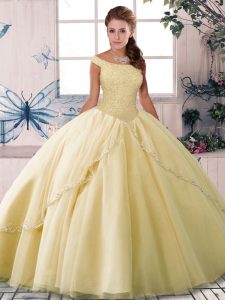 Yellow Off The Shoulder Lace Up Beading Sweet 16 Dresses Brush Train Sleeveless