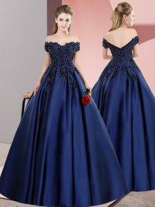 Floor Length Navy Blue Sweet 16 Dresses Off The Shoulder Sleeveless Zipper