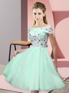 New Arrival Apple Green Empire Tulle Off The Shoulder Short Sleeves Appliques Knee Length Lace Up Vestidos de Damas