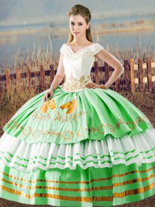 Classical Satin Sleeveless Floor Length Quinceanera Gowns and Embroidery and Ruffled Layers