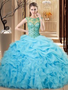 Fantastic Scoop Sleeveless Lace Up Quinceanera Gown Baby Blue Organza