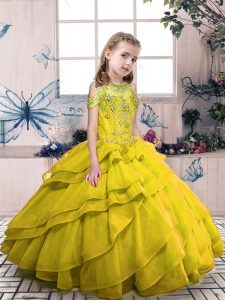 Olive Green Organza Side Zipper Little Girl Pageant Dress Sleeveless Floor Length Beading and Ruffled Layers