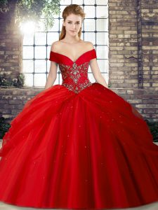 Customized Red Off The Shoulder Neckline Beading and Pick Ups Sweet 16 Dresses Sleeveless Lace Up