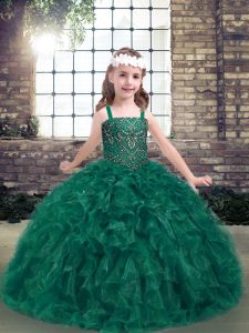 Sleeveless Floor Length Beading and Ruffles Lace Up Child Pageant Dress with Dark Green