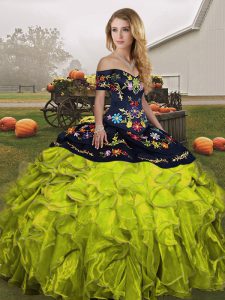Free and Easy Olive Green Sleeveless Embroidery and Ruffles Floor Length Sweet 16 Dresses