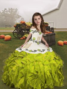 Olive Green Kids Formal Wear Party and Wedding Party with Embroidery and Ruffles Straps Sleeveless Lace Up